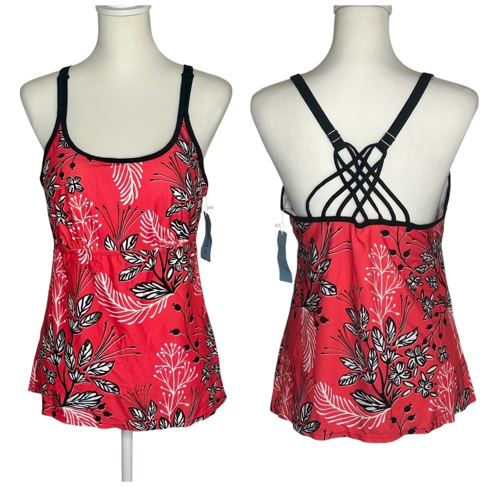 NWT Yonique Red Floral Womens Tankini Swim Top Strappy Back Sz L Resortwear